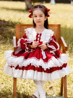 Round Neck Red-White Lace Ruffled Bunny Stitching Lantern Sleeves Classic Lolita Kids Long-Sleeved Dress -NAUS Lolita Shop 2 500x672 1407