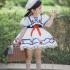 Small Navy Series Large Square Neckline Red Pentagram Decoration Bow Knot Children Lolita Kids White Short Sleeve Dress