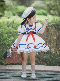 Small Navy Series Large Square Neckline Red Pentagram Decoration Bow Knot Children Lolita Kids White Short Sleeve Dress