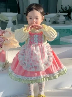 Spring Cute Maid Apron Floral Lace Lantern Sleeves Sweet Lolita Kids Long Sleeve Dress -NAUS Lolita Shop 2 500x672 1414