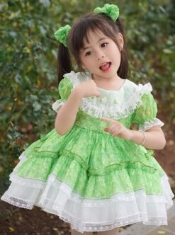 Spring Summer Round Neck Green Fresh Floral Lace Decoration Sweet Lolita Kids Short-Sleeved Dress -NAUS Lolita Shop 2 500x672 1415