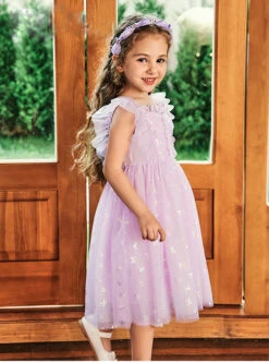 Purple Pleated Mesh Cute Sequins Bow Knots Print Decoration Flowers Children Lolita Kids Flying Sleeves Dress