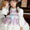 Spring Light Purple Bowknot Ruffles Cartoon Girl Kid Sweet Lolita Round Neck Puff Sleeves Princess Dress