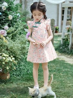 Improved Cheongsam Pink Floral Flower Print Decoration Chinese Style Buckle Design Classic Lolita Mesh Kid Dress -NAUS Lolita Shop 2 500x672 1421