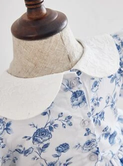 Blue Rose Flower Print Decoration Pleated Lace Jacquard Bow Hem White Doll Neckline Classic Lolita Kid Dress -NAUS Lolita Shop 2 500x672 1427