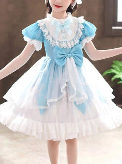 Ruffle Round Collar Bowknot Children Sweet Lolita Puff Sleeve Short Sleeve Dress -NAUS Lolita Shop 2 500x672 1431