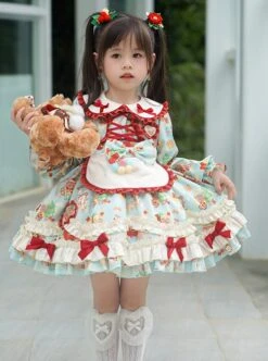 Spring Autumn Doll Collar Christmas Little Bear Print Bowknot Small Colored Ball Apron Sweet Lolita Kids Long-Sleeved Dress -NAUS Lolita Shop 2 500x672 1434