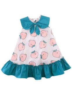 Sweet Peach Print Mesh Decoration Pleated Hem Doll Neck Bow Knot Classic Lolita Sleeveless Dress -NAUS Lolita Shop 2 500x672 1438