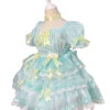 Pale Yellow Bow Knots Layered Hems Pleated Lace Children Sweet Lolita Kids Green Muslin Short Sleeve Dress