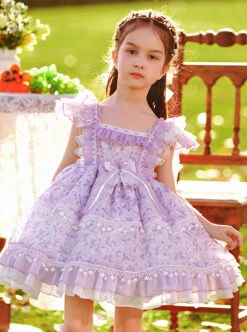 Classic Lolita Pleated Lace Bow Knot White Jacquard Lace Trim Purple Floral Kid Dress -NAUS Lolita Shop 2 500x672 1442