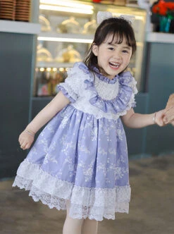 Purple Pleated Ruffle Neckline Design White Floral Decoration Lace Princess Classic Lolita Short Sleeve Kid Dress -NAUS Lolita Shop 2 500x672 1449