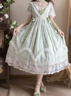Delicate Lace Jacquard Embroidery Crinkled Mesh Fabric Sexy Deep V Neckline Design Ribbon Bow Decoration Classic Lolita Dress -NAUS Lolita Shop 2 500x672 145
