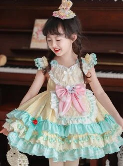 Summer Light Yellow Splice Mint Green Heart Shape Ruffles Bear Bowknot Belt Sweet Lolita Kid Sleeveless Girl Dress -NAUS Lolita Shop 2 500x672 1451