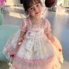 Cute Sweet Pleated Ruffled Lace Jacquard Big Bow Knot Design Classic Lolita Kid Dress