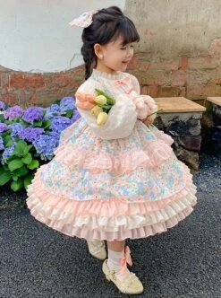 Cute Pink Floral Print Ruched Lace Ruffle Trim Pearl Bow Classic Lolita Long Sleeve Kid Dress -NAUS Lolita Shop 2 500x672 1455