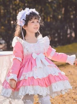 Pink White Sweet Round Neck Puff Sleeve Lace Bow-Knot Decoration Star Pendant Hem Design Sweet Lolita Kids Long Sleeve Dress -NAUS Lolita Shop 2 500x672 1456