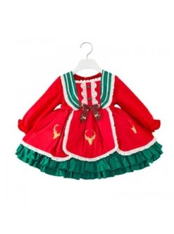 Winter Red And Green Christmas Style Bowknot Children Sweet Lolita Kids Thicken Red Long Sleeve Dress -NAUS Lolita Shop 2 500x672 1460