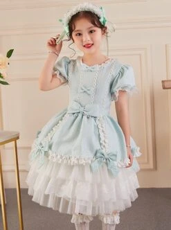 Solid Color Jacquard Round Neck Court Style Kids Puff Sleeve Bow Sweet Lolita Dress -NAUS Lolita Shop 2 500x672 1466