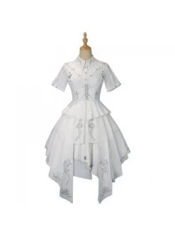 Fog City Thorns Series OP White Military Uniform Exquisite Embroidery Pattern Irregular Hem Classic Lolita Short Sleeve Dress Set -NAUS Lolita Shop 2 500x672 149