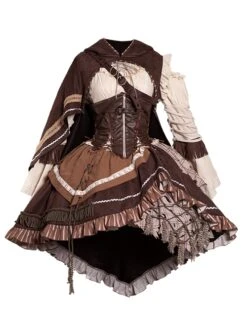 Hunter Series Pirate Style Steampunk PU Belt Apricot Splicing Brown Drawstring Straps Dress OP Hooded Cloak Set -NAUS Lolita Shop 2 500x672 1497