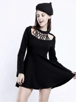 Punk Gothic Black Hanging Neck High Waist Slim Fit Long Sleeve Dress -NAUS Lolita Shop 2 500x672 1506