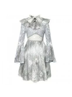 Rose Funeral Series White Gothic Dirty Dyed Halloween Belly Hollowed Out Medieval Gray Long Sleeve Dress -NAUS Lolita Shop 2 500x672 1508