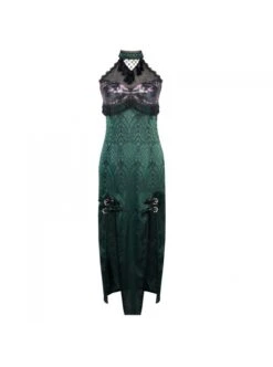 Lust Snake Series Sexy Slim Tassels Halter Improve Cheongsam Gothic Black Tulle Blackish Green Jacquard Satin Split Hem Dress -NAUS Lolita Shop 2 500x672 1511