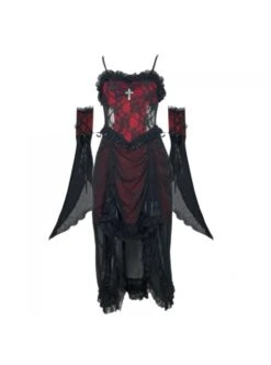 Night Visit Vampire Series Gothic Black Red Drawstring Christmas Lace Darkness Sling Dress With Hand Sleeves