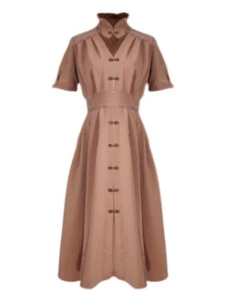 Vintage Mid-Century Coral Striped Gothic High Waist V-Neck Puff Short Sleeve Long Dress -NAUS Lolita Shop 2 500x672 1518