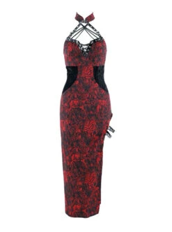 Hades Banquet Series Reddish Black Jacquard Gothic Style Sexy Slit Modified Cheongsam PU Belt V Neckline Sleeveless Dress -NAUS Lolita Shop 2 500x672 1532