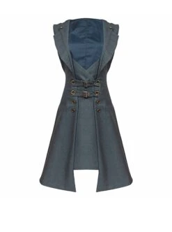 College Style Vintage Daily Commute Steampunk Gray Suit Collar Double Breasted Waisted Sleeveless Vest Mid Length Dress