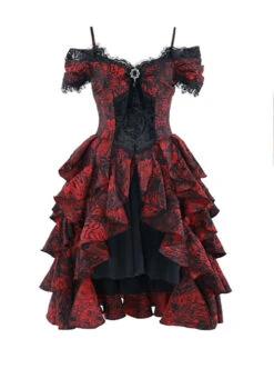 Hades Banquet Series Reddish Black Jacquard Lace Layered Pleated Hem Gothic Off-The-Shoulder Design Brooch Decoration Dress -NAUS Lolita Shop 2 500x672 1538