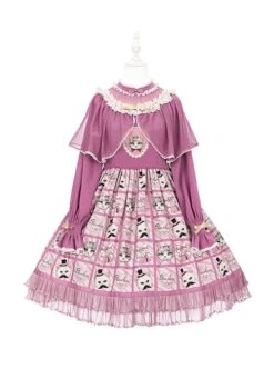 Solid Color Stand Collar Translucent Hollow Out Detachable Cloak Cat Print Classic Lolita Long Sleeve Dress -NAUS Lolita Shop 2 500x672 154