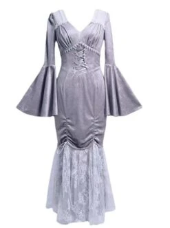Swan Falling Dream Series Gray Purple V-Neck Sexy Jacquard Fishtail Lace Hem Design Trumpet Sleeve Slim Gothic Long-Sleeved Dress -NAUS Lolita Shop 2 500x672 1548