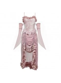 Cherry Nightmare Series Velvet Embossed Fabric Lace Frills Drawstring Design Stretch Flared Sleeves Sexy Gothic Pink Sling Dress -NAUS Lolita Shop 2 500x672 1549
