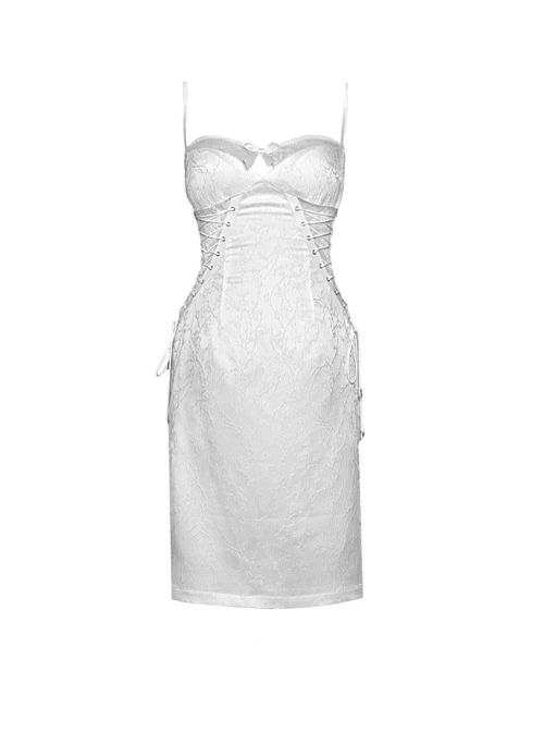 White Embossed Thorn Jacquard Sexy Hollow Stitching Lace-Up Slim Simple Gothic Sleeveless Dress 2 White Embossed Thorn Jacquard Sexy Hollow Stitching Lace-Up Slim Simple Gothic Sleeveless Dress - Image 2
