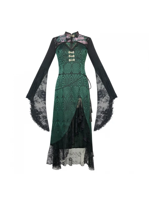 Lust Snake Series Improved Cheongsam Stand Collar Green Duckweed Jacquard Black Lace Gothic Split Dress 1 Lust Snake Series Improved Cheongsam Stand Collar Green Duckweed Jacquard Black Lace Gothic Split Dress