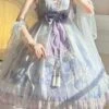 Chinoiserie Purple Stand Collar Lace Bead Chain Bow Fringe Design Swan Castle Print Classic Lolita Sleeveless Dress