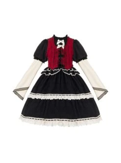 Wish Gift Box Series Cute Red Corduroy Vest Irregular Cuffs Lace Fake Three Pieces Classic Lolita Long Sleeve Dress Set -NAUS Lolita Shop 2 500x672 177