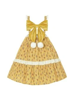 Bright Ginger Yellow Autumn Winter Retro Cute Childlike Innocence Bear Bunny Print Large Bowknot Suspender Sleeveless Dress