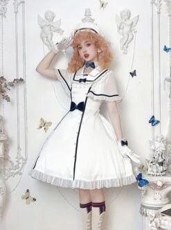 Herringbone Jacquard Polka Dot Chiffon Lace Shawl Sleeve Design Bow Classic Lolita Short Sleeve Dress -NAUS Lolita Shop 2 500x672 185