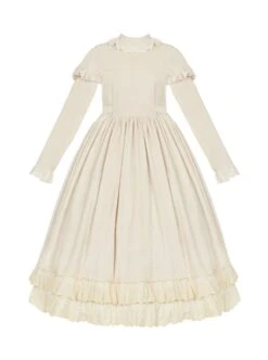 Sweet Tea Series Apricot Large Skirt Extended Hem Inside Round Neckline Ruffled Puff Long Straight Sleeves Classic Lolita Dress -NAUS Lolita Shop 2 500x672 188