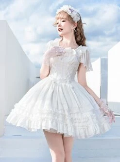 Miss Hill Series White Elegant Pure Color Binding Band Design Daily Classic Lolita Short Sleeve Dress -NAUS Lolita Shop 2 500x672 193