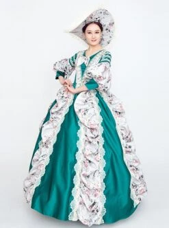 Retro Green Neckline Printed Bow Mid-length Trumpet Sleeve European Court Lolita Prom Dress -NAUS Lolita Shop 2 500x672 214