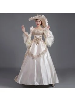 Champagne Square Collar Long Sleeve Lace Bow Shirring Hem Court Prom Lolita Dress -NAUS Lolita Shop 2 500x672 233