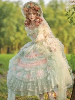 Retro Gorgeous Spring Tea Party Girl Green Bare Shoulder Sweet Lolita Mid-Sleeved Dress -NAUS Lolita Shop 2 500x672 238