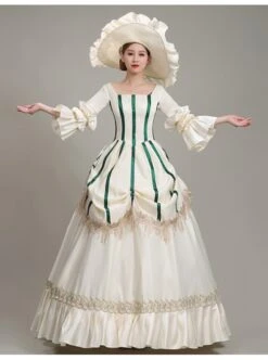 White Long Green Vertical Stripe Decoration Puff Long Sleeve Royal Dinner Annual Meeting Party Retro Court Lolita Prom Dress -NAUS Lolita Shop 2 500x672 269