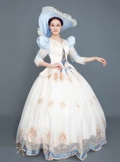 Blue Puff Sleeve Light Champagne Hem Lace Embroidery Classical Court Party Lolita Prom Dress -NAUS Lolita Shop 2 500x672 270