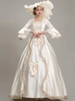 Light Champagne Square Collar Mid-length Trumpet Sleeve Lace Pearls Bow Decoration Simple Elegant Retro Court Style Lolita Prom Dress -NAUS Lolita Shop 2 500x672 271