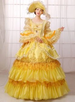 Gorgeous Retro Yellow Square Collar Lace Embroidery Drawstring At The Back Lolita Prom Long Sleeve Dress -NAUS Lolita Shop 2 500x672 303